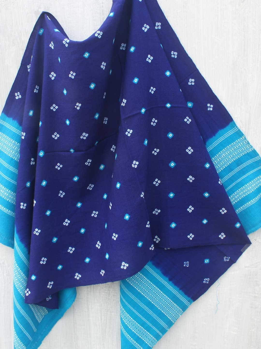 Blue-Bandhej-pure-wool-shawl.jpg Blue Bhujodi bandhani woolen Shawl - Image 1