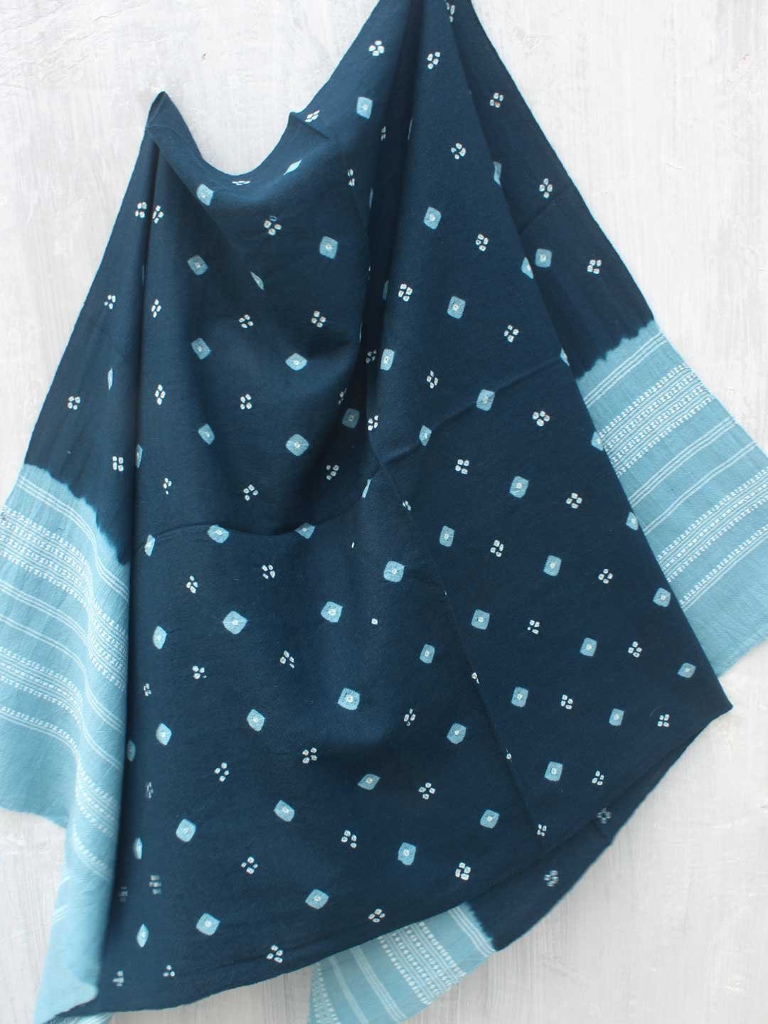Blue-Grey-Bandhej-pure-wool-shawl-Shilphaat.jpg Blue-Grey Bhujodi Bandhani woolen Shawl - Image 1