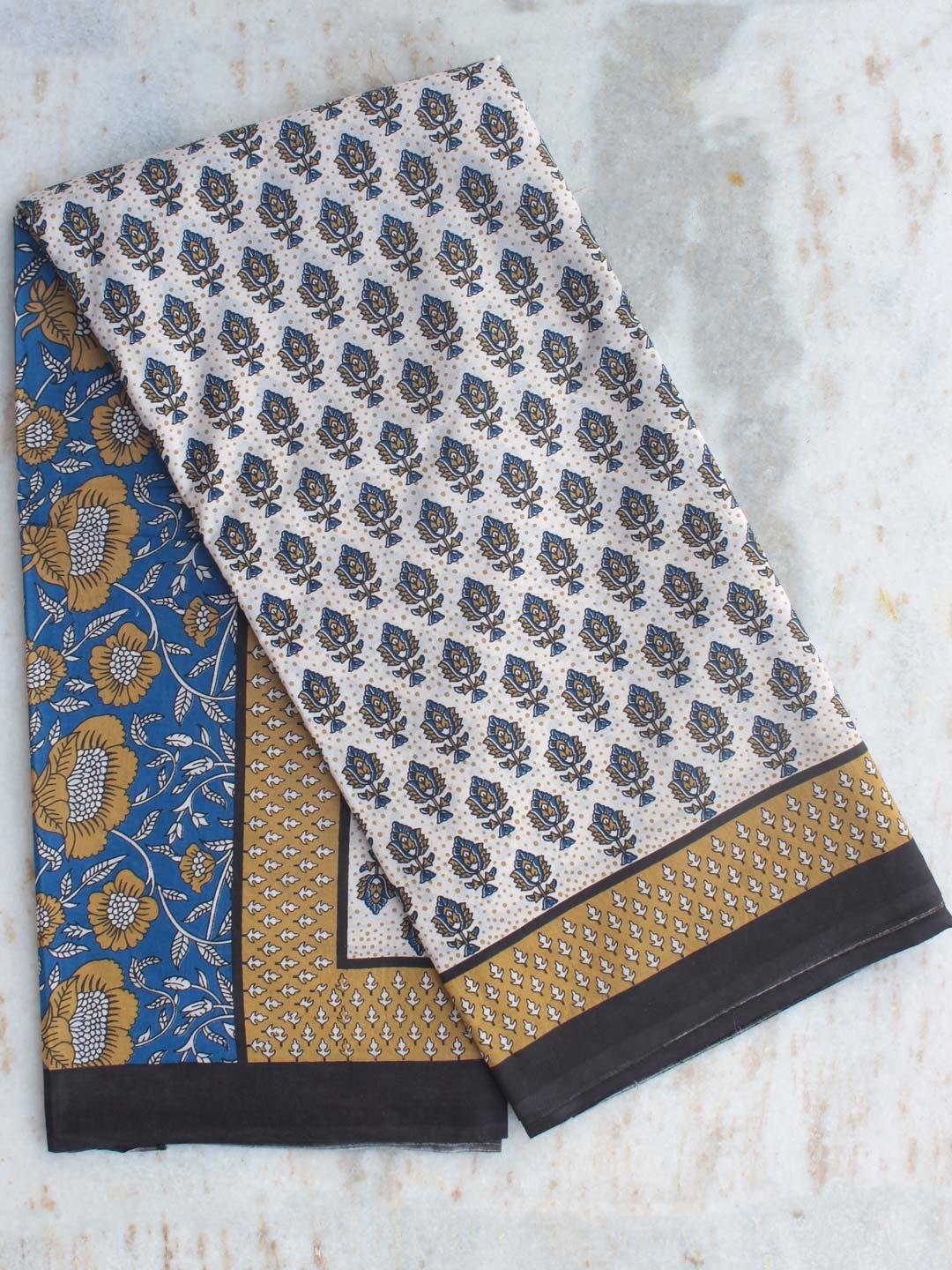 Blue-and-brown-block-print-mul-cotton-saree.-Shilphaat.jpg Blue and Brown Block-Print Mul-cotton Saree - Image 1