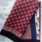 Blue and Dark-red Bagru Printed mul-cotton saree