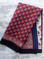 Blue and Dark-red Bagru Printed mul-cotton saree