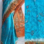 Blue and Orange Sujini-Kantha Silk Saree