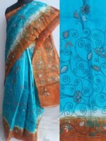 Blue and Orange Sujini-Kantha Silk Saree