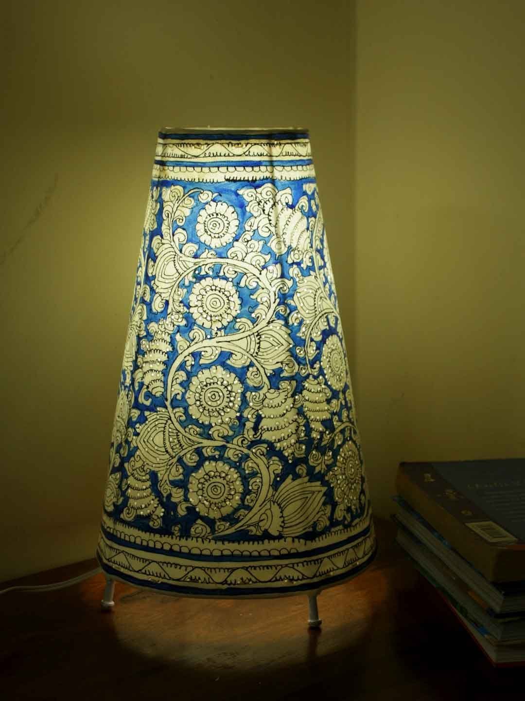 Blue-and-white-13in-long-tholu-bommalata-table-lamp.jpg Blue and White Tholu Bommalata Long Table lamp - Image 1