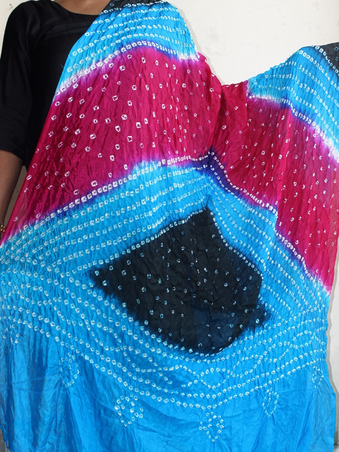 Blue-black-and-magenta-polysilk-bandhani-dupatta.jpg Blue, black and magenta Polysilk Bandhani Dupatta - Image 1