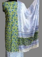 Blue, Green, White Block-Printed 3pc Cotton Suit Set - Image 2