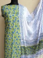 Blue, Green, White Block-Printed 3pc Cotton Suit Set - Image 4