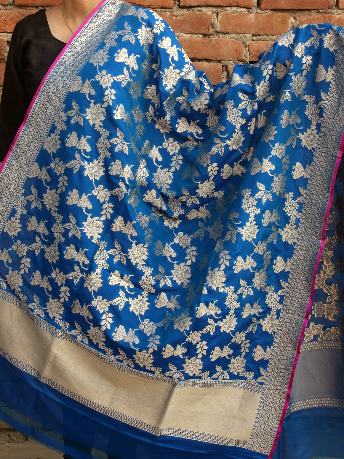 Blue-pure-katan-silk-cutwork-Banarasi-dupatta.jpg Emerald Blue Pure katan silk Banarasi Dupatta - Image 1