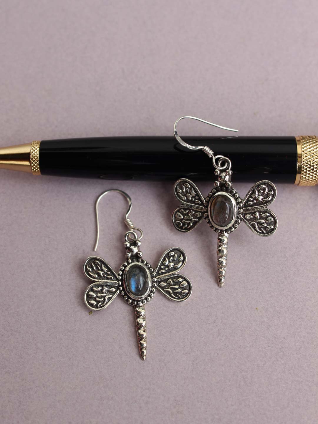 Blue-stone-silver-dragonfly-earrings.jpg Blue stone Silver dragonfly Earrings - Image 1