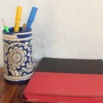 Blue, white Tholu Bommlata Pen Holder