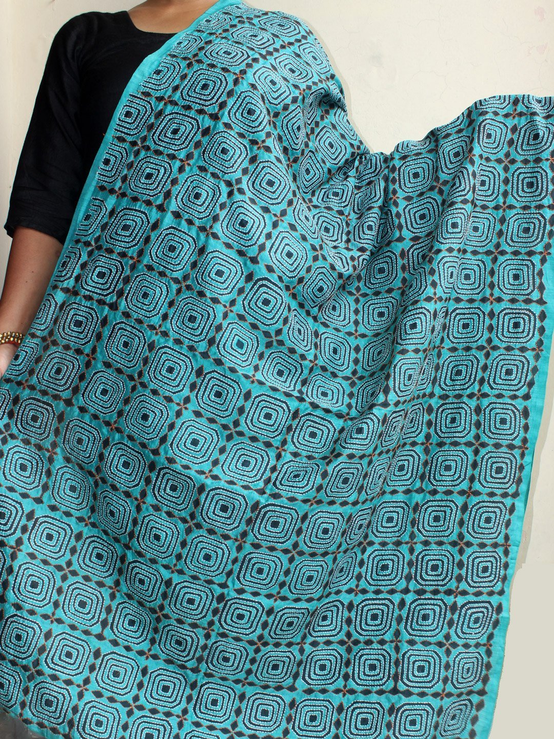 Bluish-green-kanthawork-silk-dupatta.jpg Blue green Block print Kantaa Dupatta - Image 1