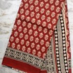 Brick-red and white Bagru-printed Mul-cotton Sari
