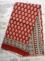 Brick-red and white Bagru-printed Mul-cotton Sari