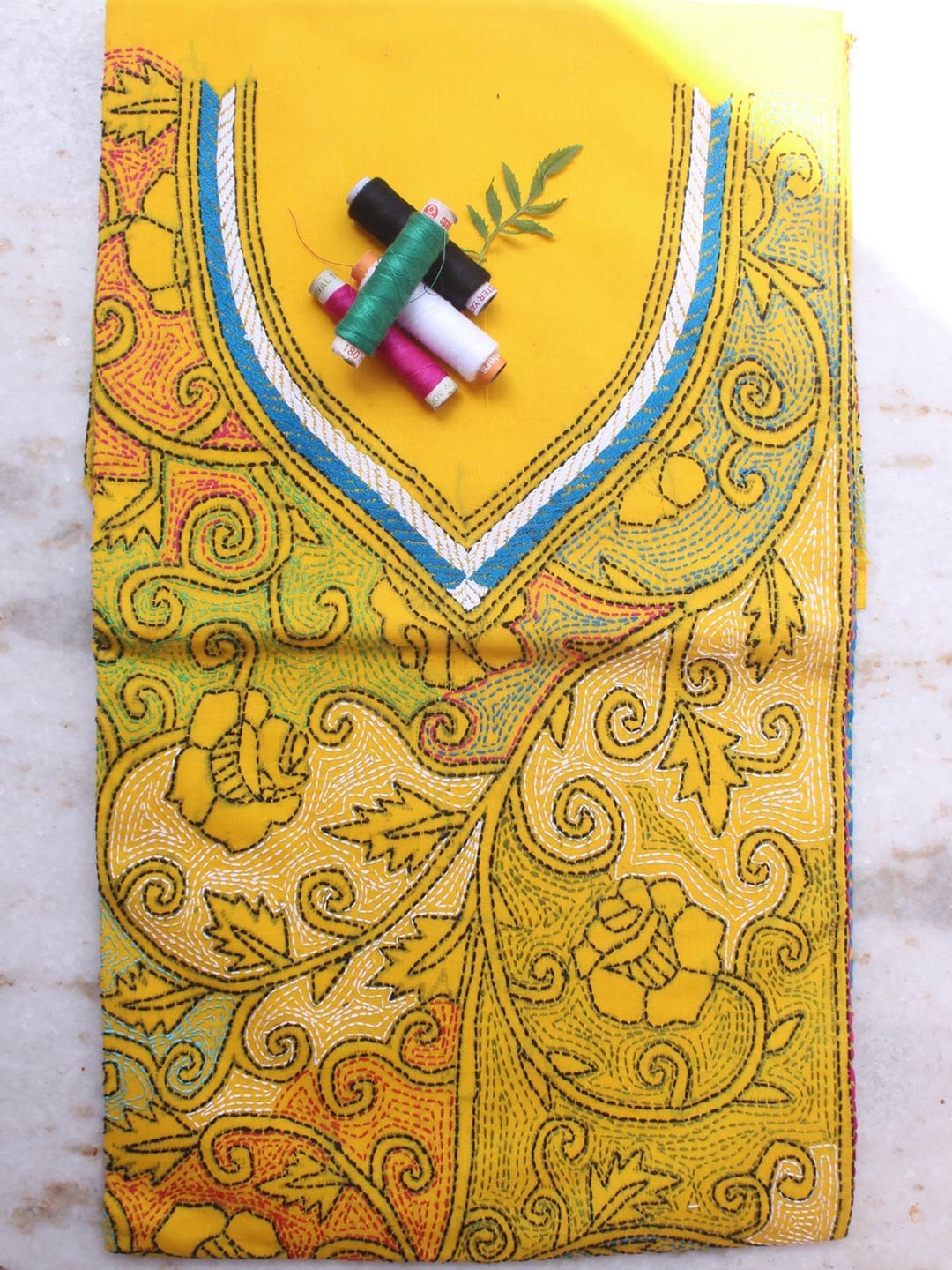 Bright-Yellow-kanthawork-cotton-kurta-fabric.jpg Bright-Yellow Kanthawork cotton Kurta fabric - Image 1