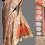 Off-white, brown and Orange Zari border Banarasi Sari
