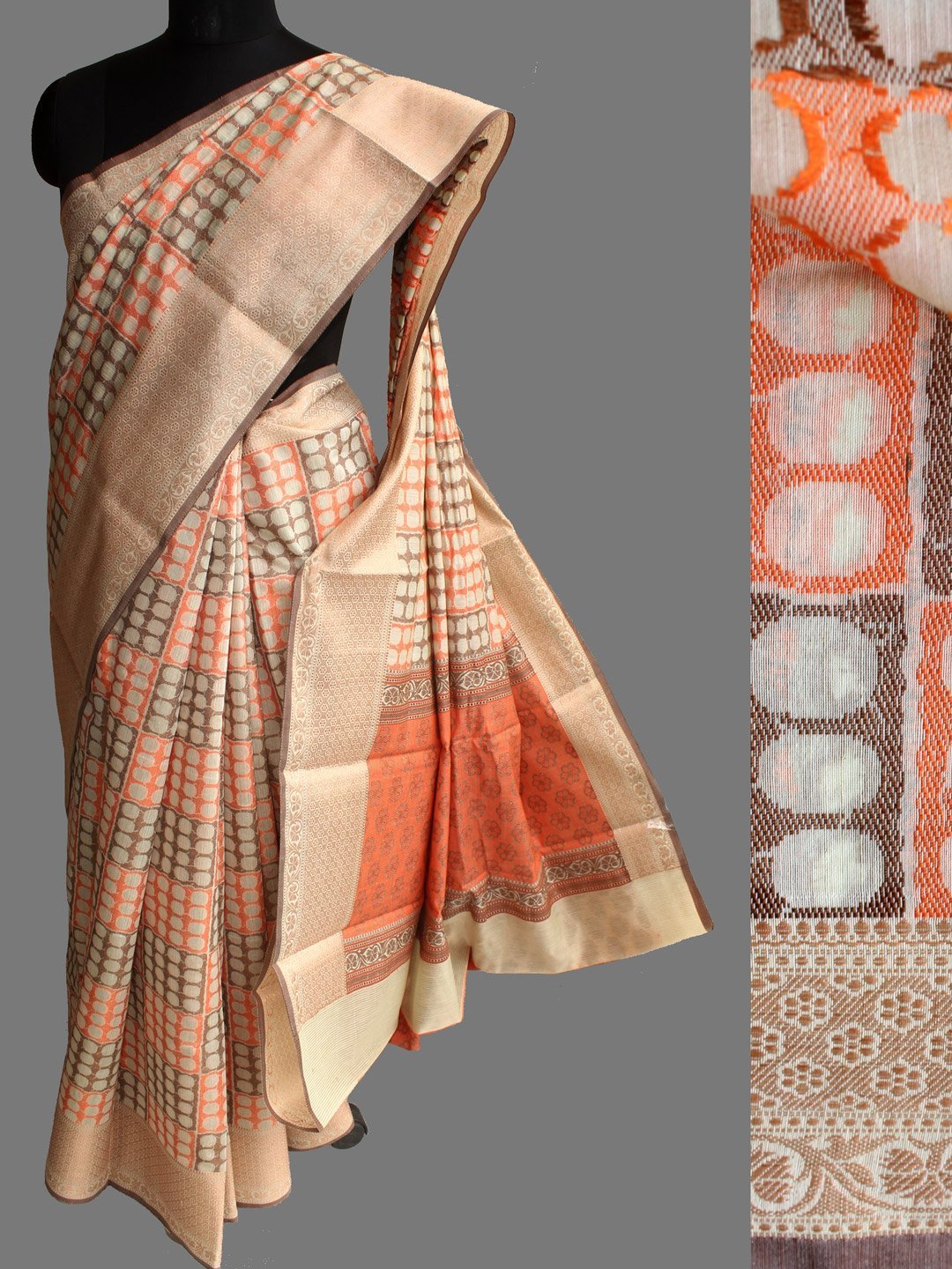 Brown-and-orange-banarasi-saree.jpg Off-white, brown and Orange Zari border Banarasi Sari - Image 1