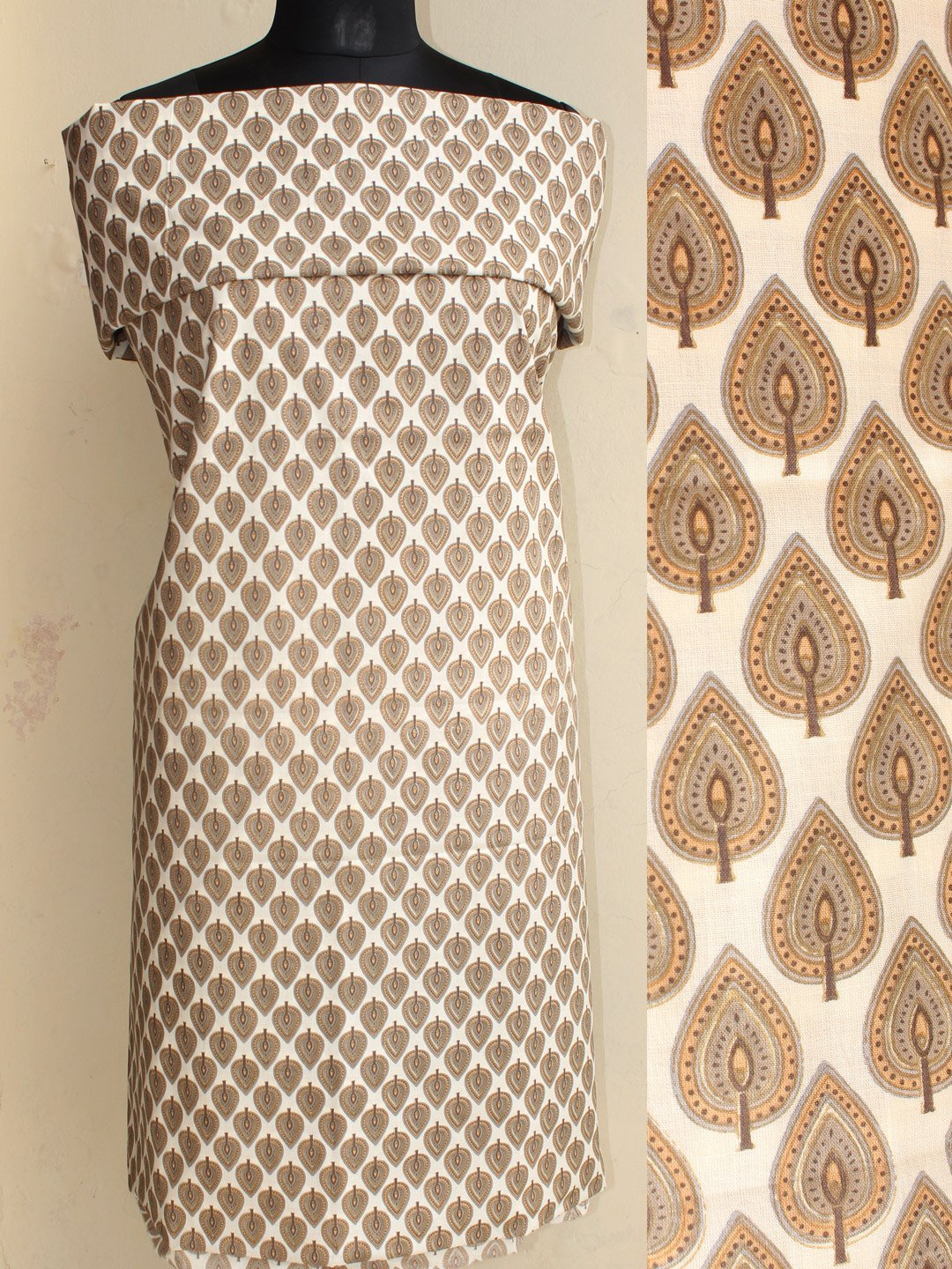 Brown-and-white-block-printed-cotton-kurta-fabric.jpg Brown and White Block-Printed Cotton Kurta Fabric - Image 1