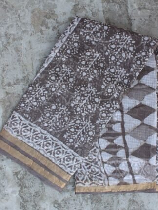 Brown-Grey Block-print Kota-Cotton Saree