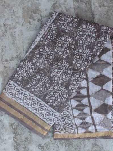 Brown-Grey Block-print Kota-Cotton Saree