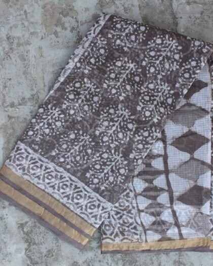 Brown-Grey Block-print Kota-Cotton Saree