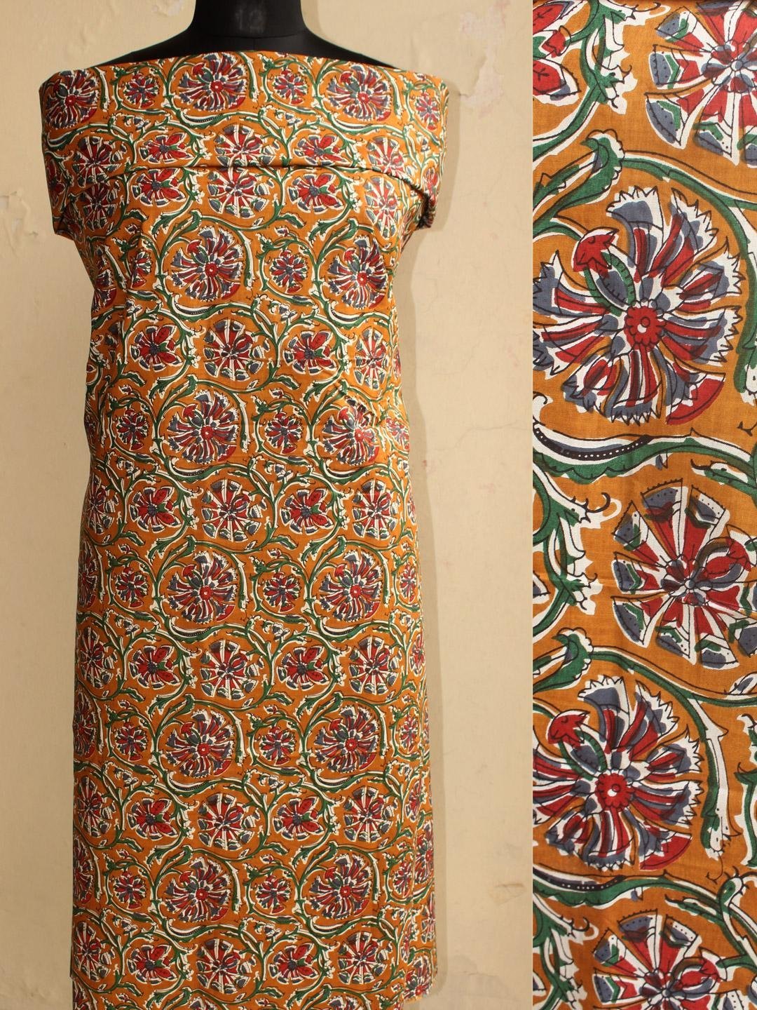 Brown-yellow-block-printed-cotton-fabric.jpg Ochre-yellow Block-Printed Cotton Fabric - Image 1