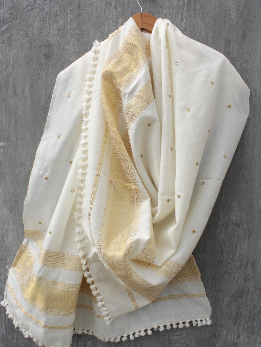 Cream-white-and-golden-mirrorwork-shawl-Shilphaat.jpg Cream-White zari mirrorwork Shawl - Image 1
