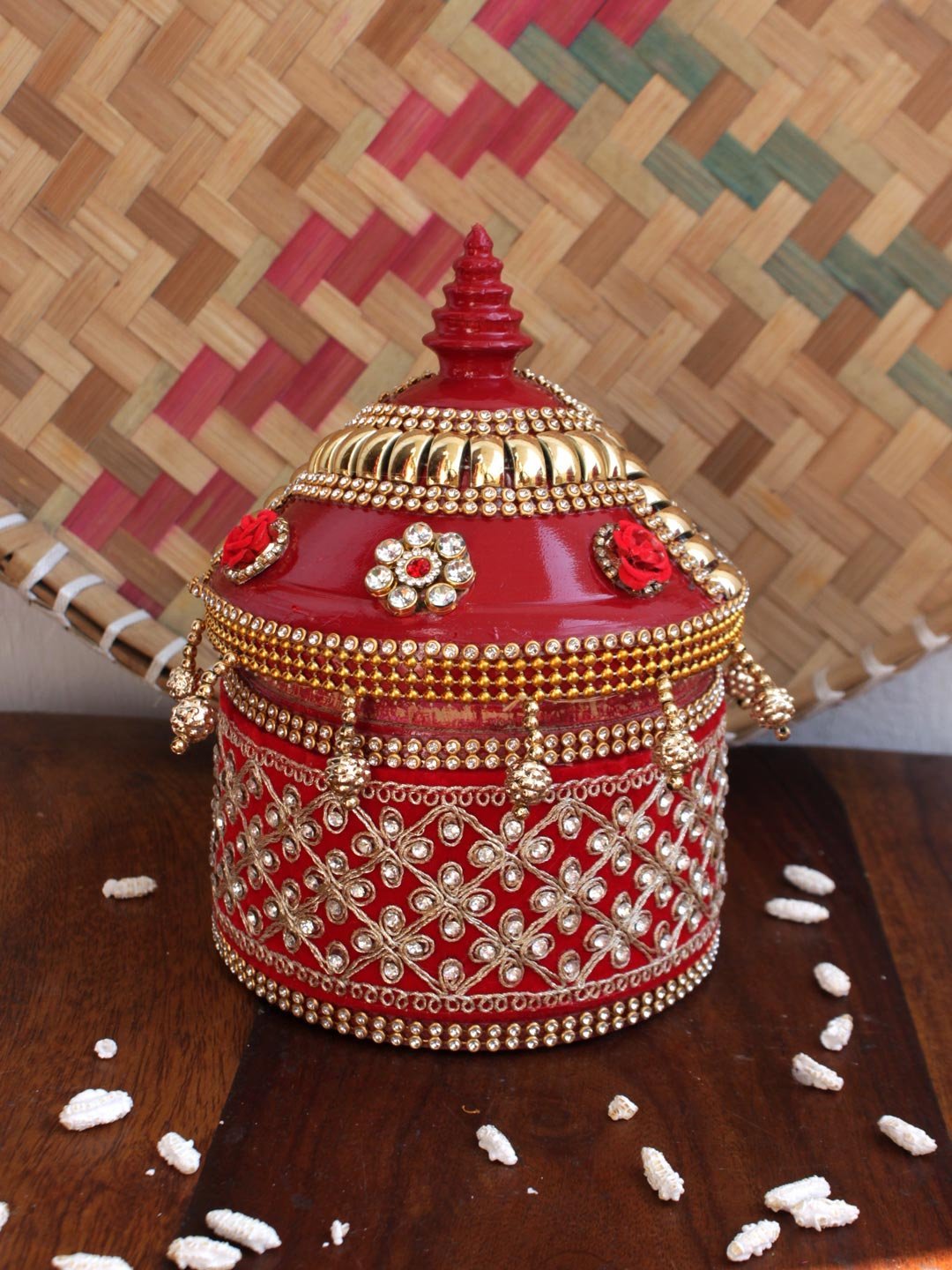 Crystals-and-Rose-small-wooden-sindoor-box.jpg Crystals and Rose small wooden Sindur-Box - Image 1