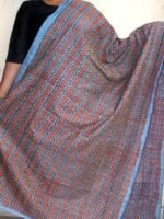 Cyan Blue Block-printed Kantha Embroidered Silk Dupatta