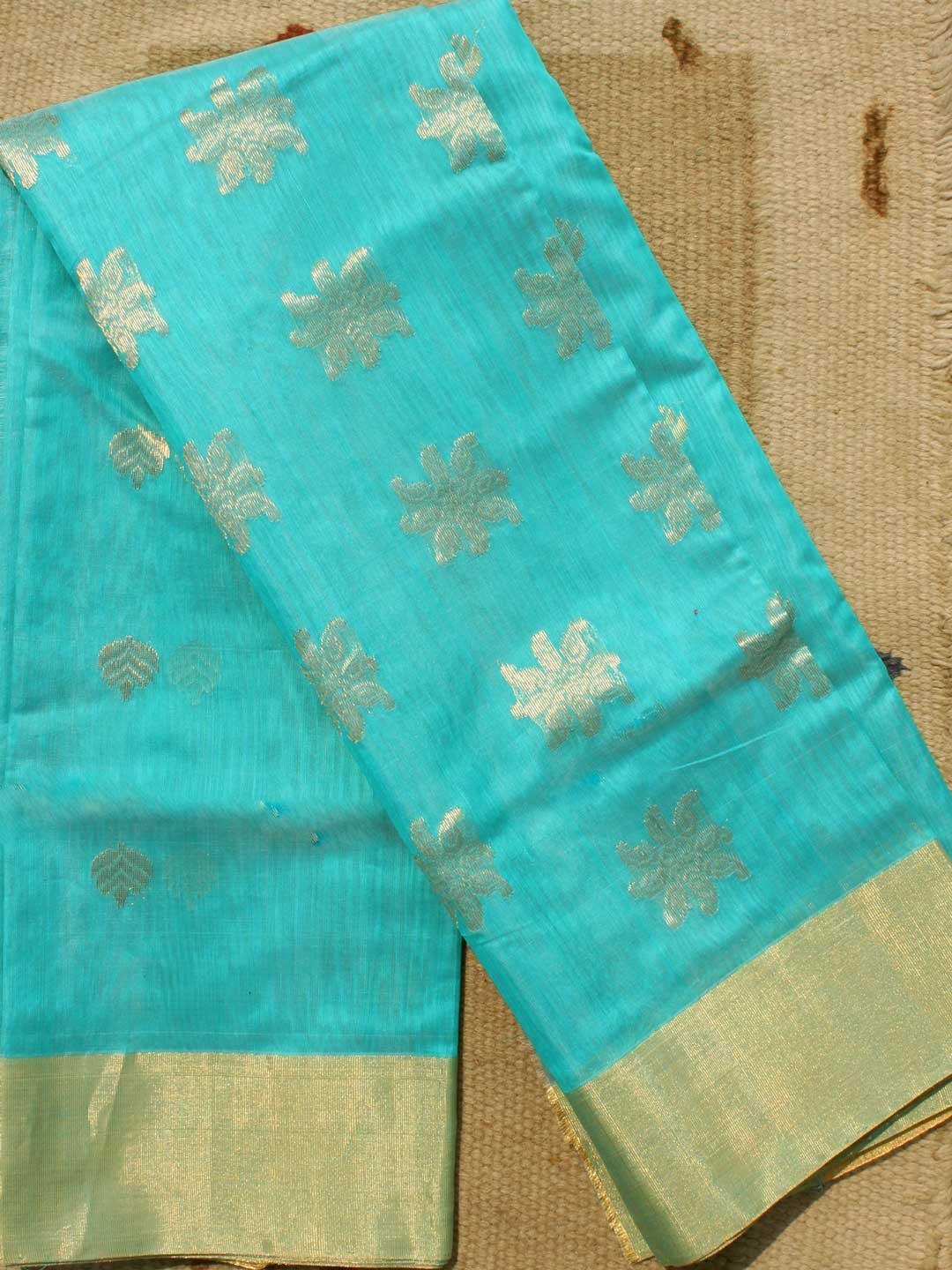 Cyan-Blue-zari-chanderi-handloom-woven-saree.jpg Cyan Blue zari-work Chanderi saree - Image 1