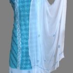 Cyan-Blue and White Chikankari 3pc Ladies Suit