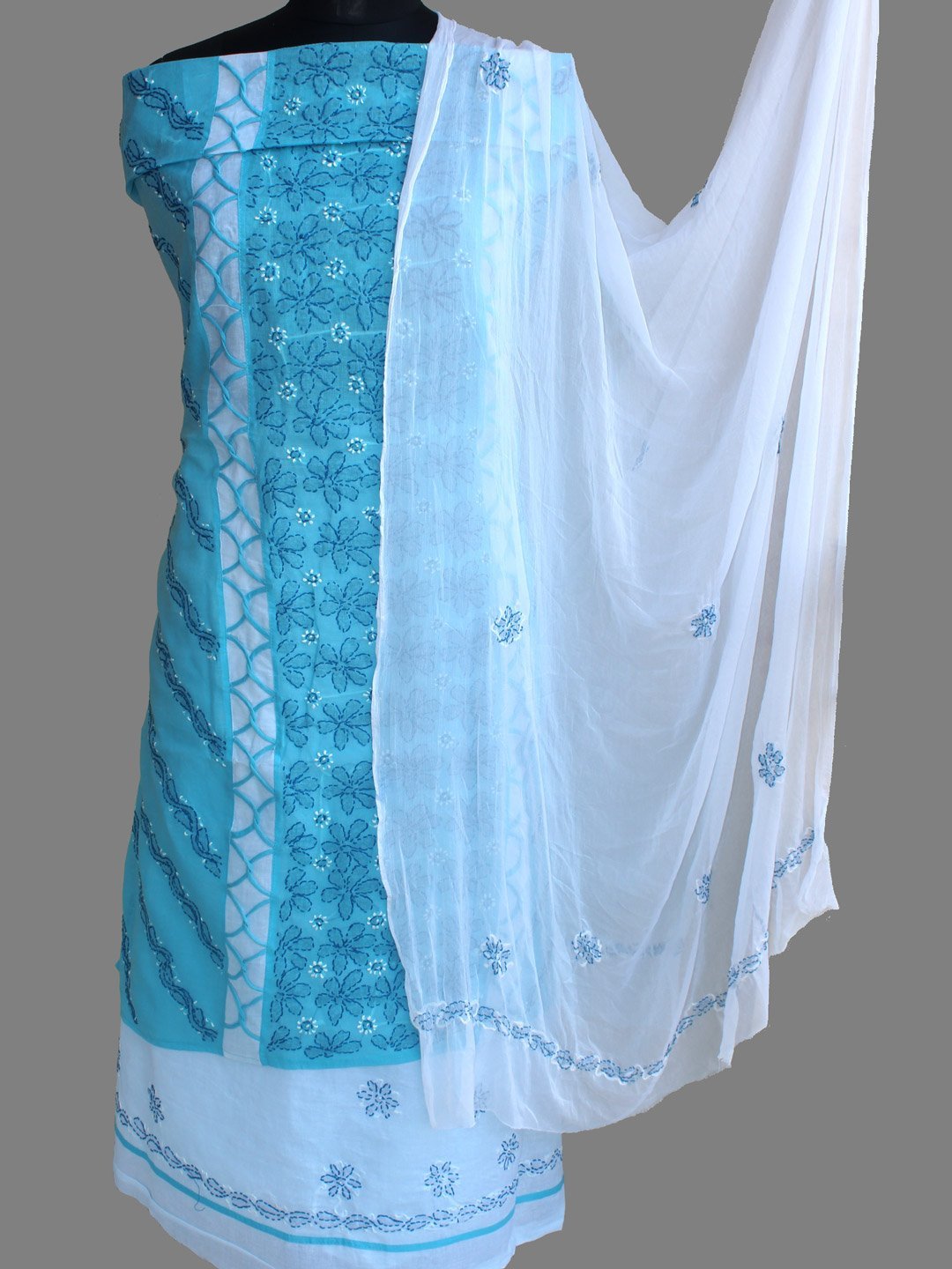 Cyan-blue-and-white-cotton-chikankari-dress-material.jpg Cyan-Blue and White Chikankari 3pc Ladies Suit - Image 1