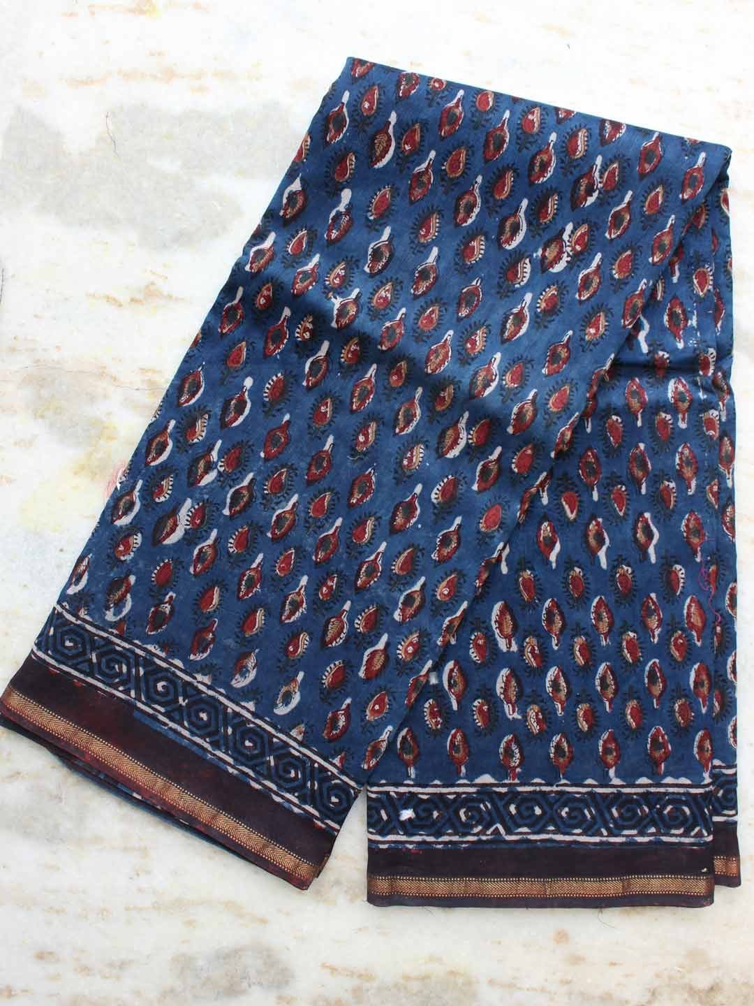 Dabu-Bagru-block-print-chanderi-indigo-saree.jpg Dabu-Bagru Block-Print Chanderi Indigo Saree - Image 1