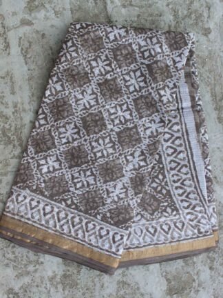 Dabu-Printed Brown Grey Kota-cotton saree