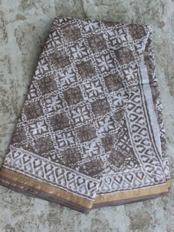 Dabu-Printed Brown Grey Kota-cotton saree