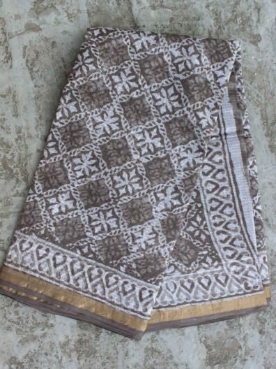 Dabu-Printed Brown Grey Kota-cotton saree