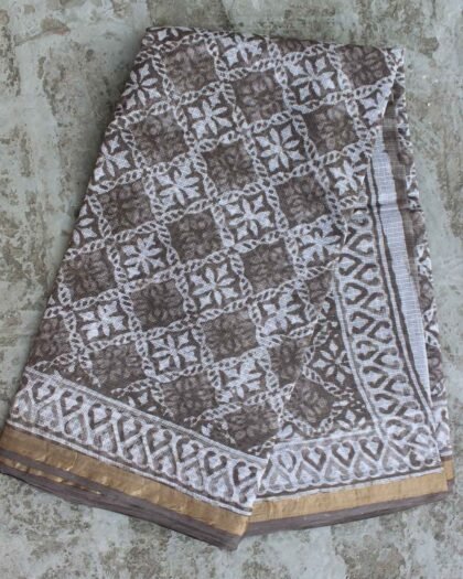 Dabu-Printed Brown Grey Kota-cotton saree