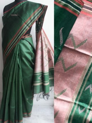 Dark-Green and Pink Mulberry Dupion Silk Saree