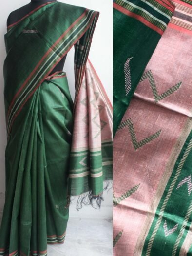 Dark-Green and Pink Mulberry Dupion Silk Saree