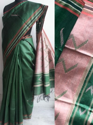 Dark-Green and Pink Mulberry Dupion Silk Saree