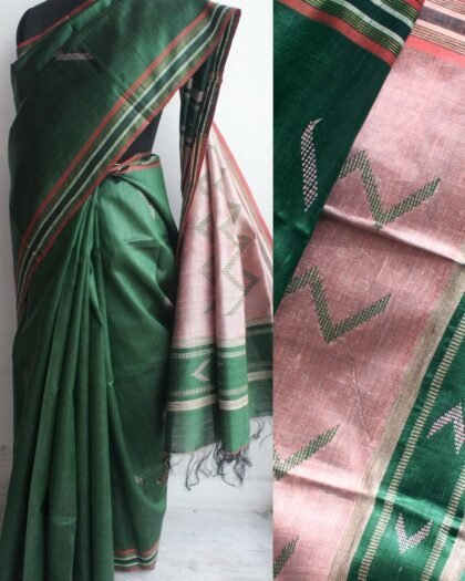 Dark-Green and Pink Mulberry Dupion Silk Saree