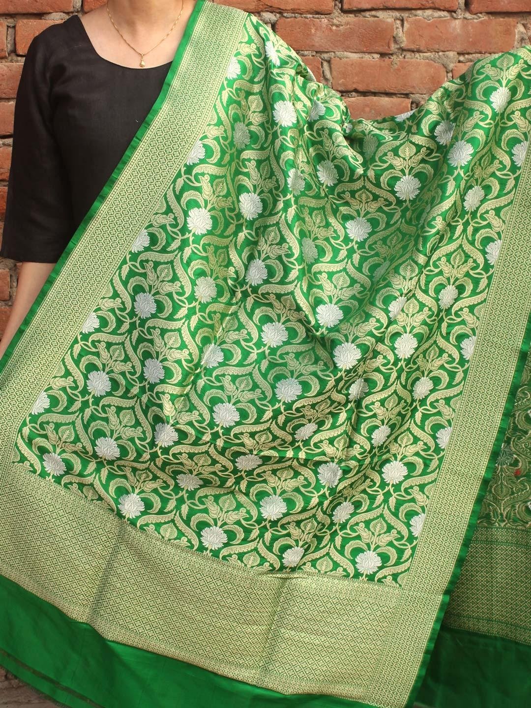 Dark-Green-katan-silk-banarasi-dupatta.jpg Dark-Green Pure Katan-Silk Banarasi Dupatta - Image 1