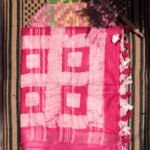 Dark-Pink, White Batik Linen-Cotton Saree