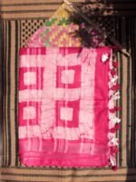 Dark-Pink, White Batik Linen-Cotton Saree