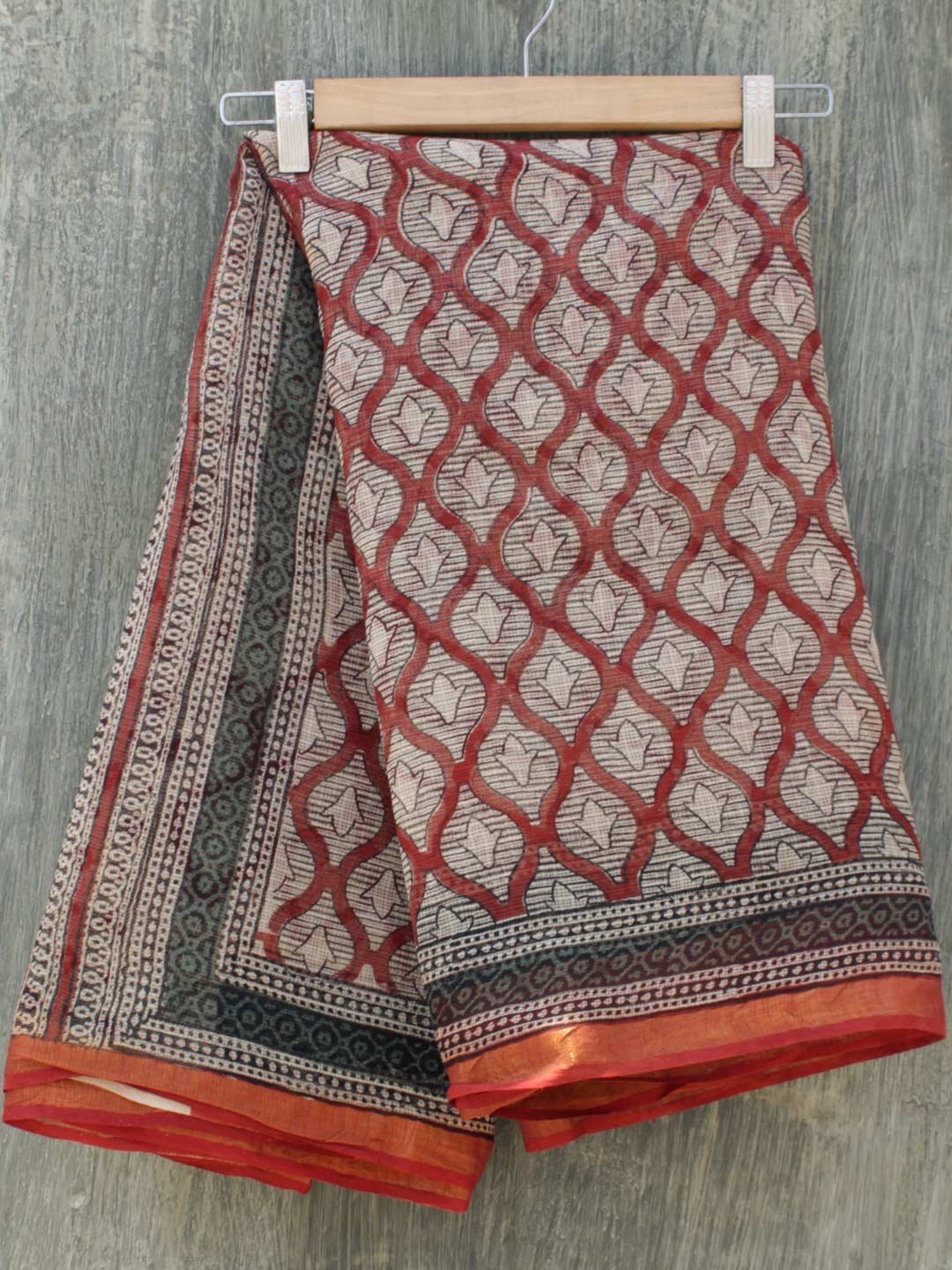 Dark-Re-and-Black-block-printed-Kota-cotton-saree.jpg Dark-Red and Black Bagru Kota cotton Saree - Image 1
