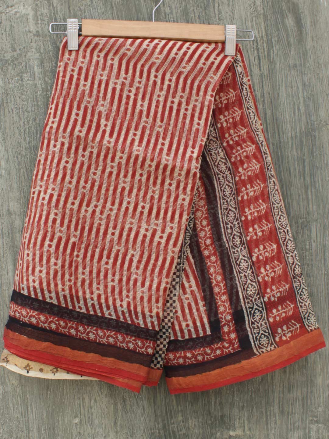 Dark-Red-and-Cream-block-printed-Kota-cotton-saree-Shilphaat-1.jpg Dark-Red and Cream Bagru Kota-doria Saree - Image 1