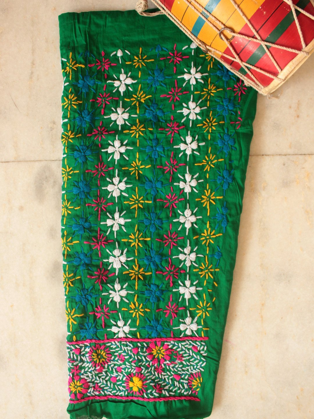 Dark-green-phulkari-salwar-fabric.jpg Dark-Green Phulkari salwar fabric - Image 1
