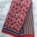 Dark-red and Blue Bagru-Printed mul-cotton sari