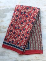 Dark-red and Blue Bagru-Printed mul-cotton sari