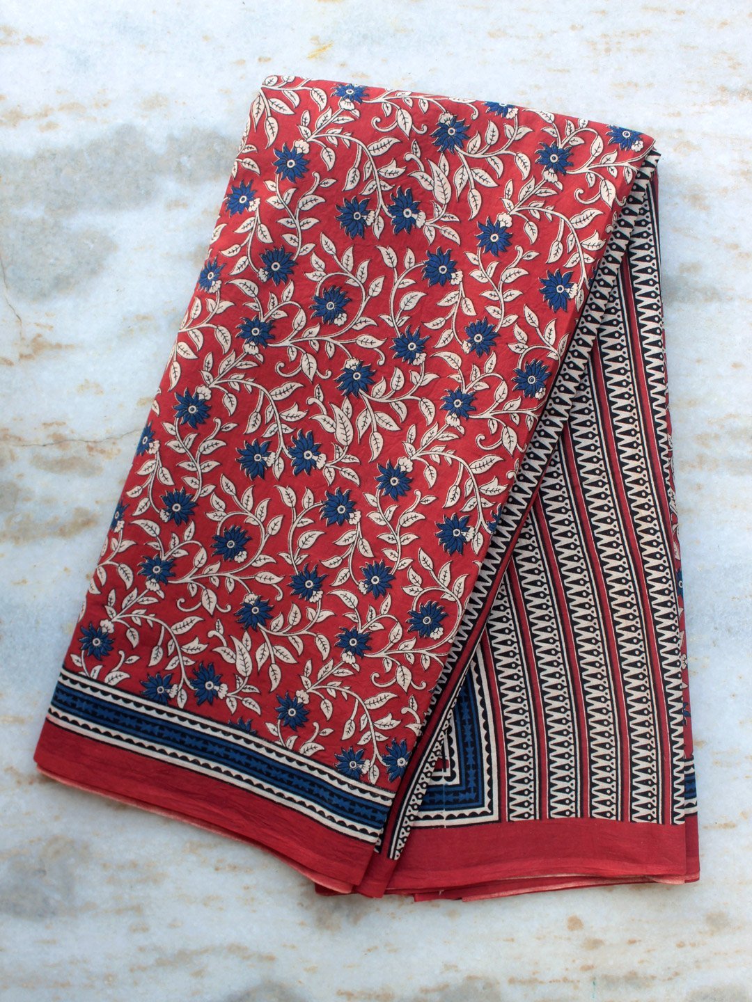 Dark-red-and-blue-block-printed-mul-cotton-saree.jpg Dark-red and Blue Bagru-Printed mul-cotton sari - Image 1