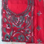Dark-red and green Kanthawork Cotton ladies kurta fabric